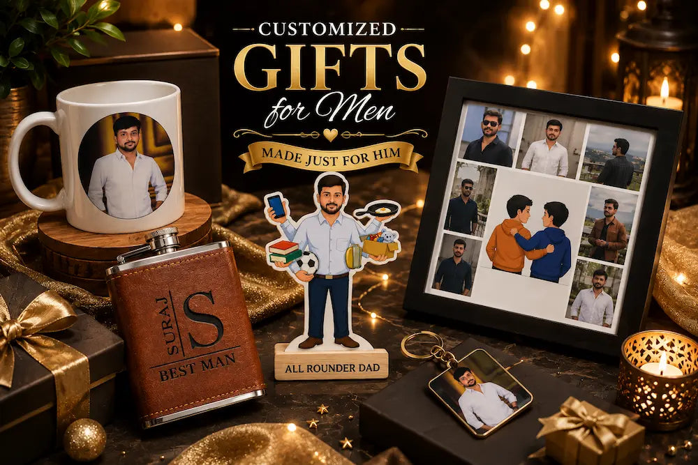 A collection of customized gifts for men including a ceramic mug with a photo print, a caricature, a Brother Photo Frame, and a metal hip flask displayed on a wooden surface