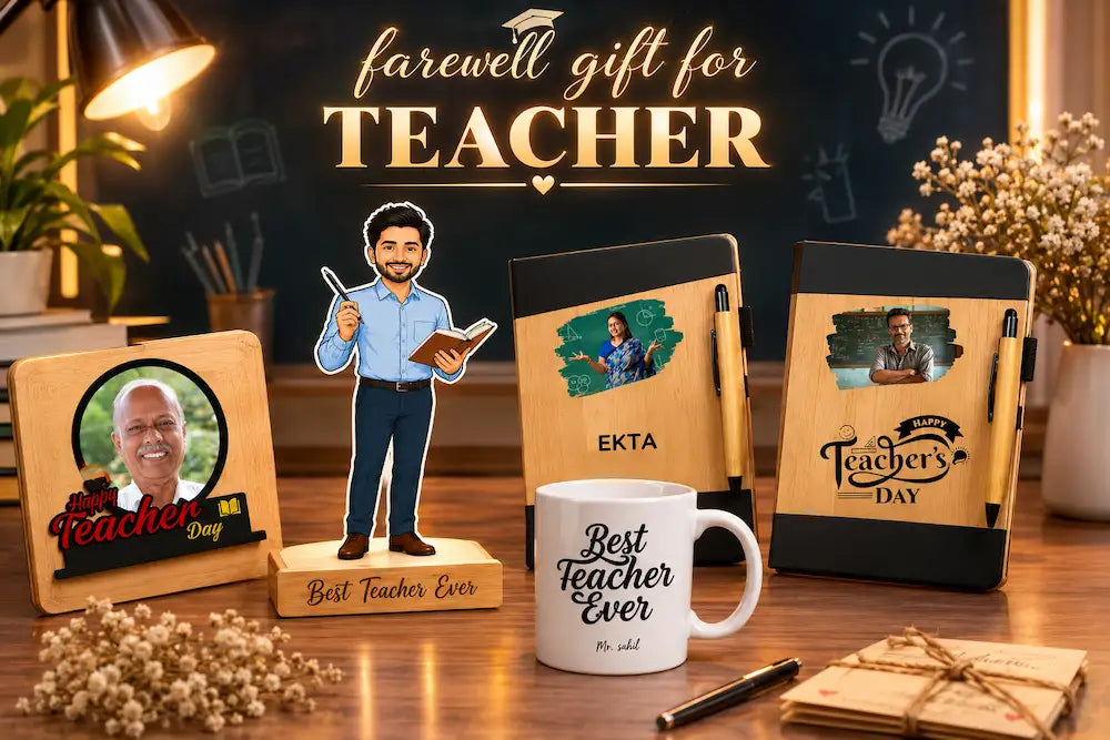 Farewell gift for teacher flatlay — personalised teacher caricature standee, photo frame and wooden diary with pen arranged on a desk