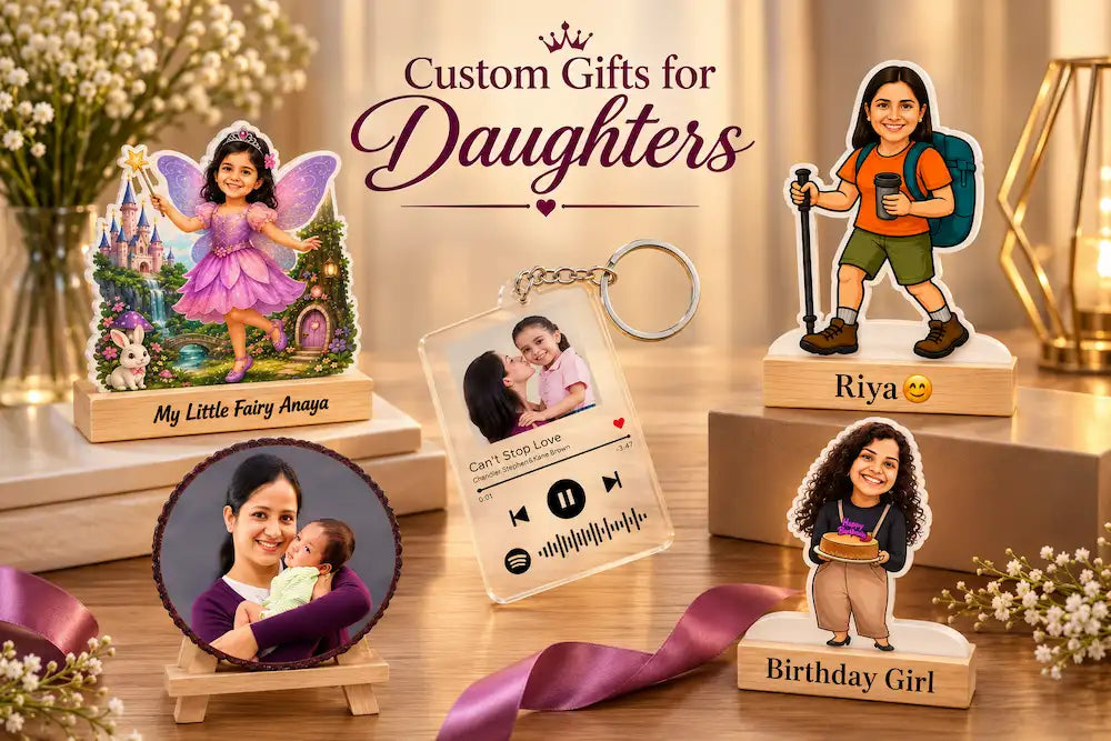Custom gifts for daughters flatlay — personalised fairy caricature standee, Spotify photo keychain and engraved photo frame on a table
