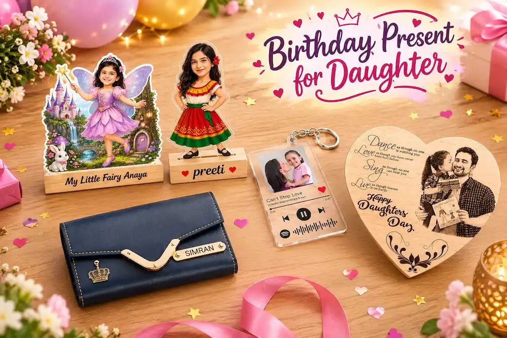 Birthday present for daughter flatlay — personalised fairy caricature, Spotify photo keychain and wallet hamper arranged on a table by milestone age