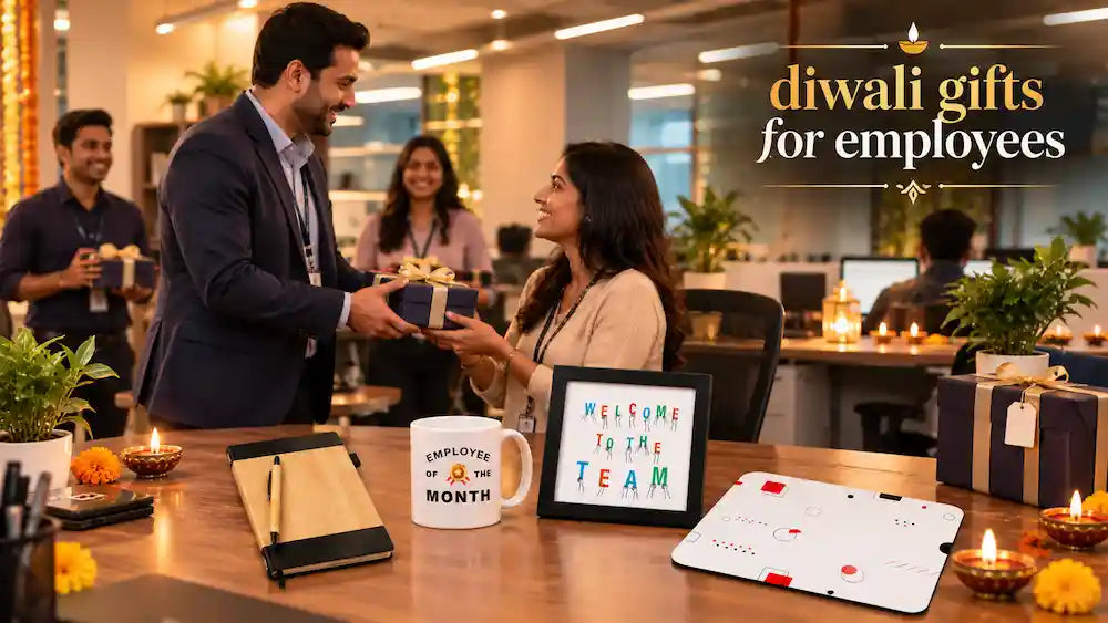 Office team exchanging personalised Diwali gifts — engraved diary and pen set, employee mug, and doctor's diary — around a desk with diyas