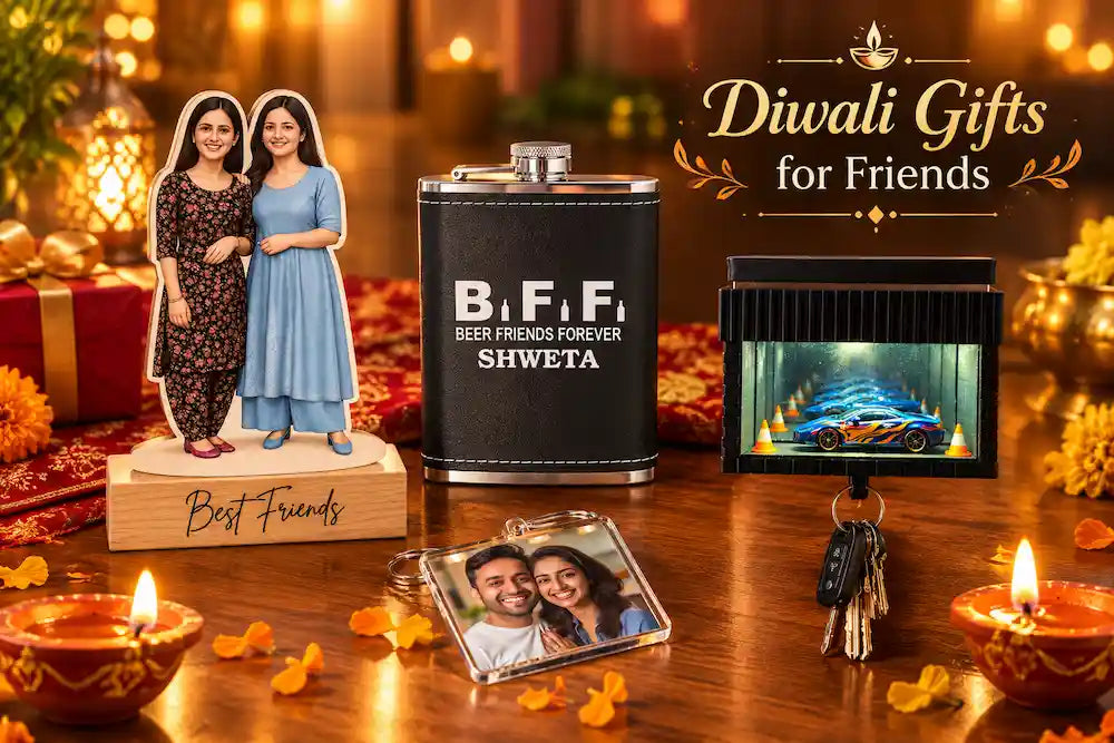 Friend group exchanging personalised Diwali gifts — wooden besties caricature, engraved hip flask, and photo keychain — around diyas on a festive table