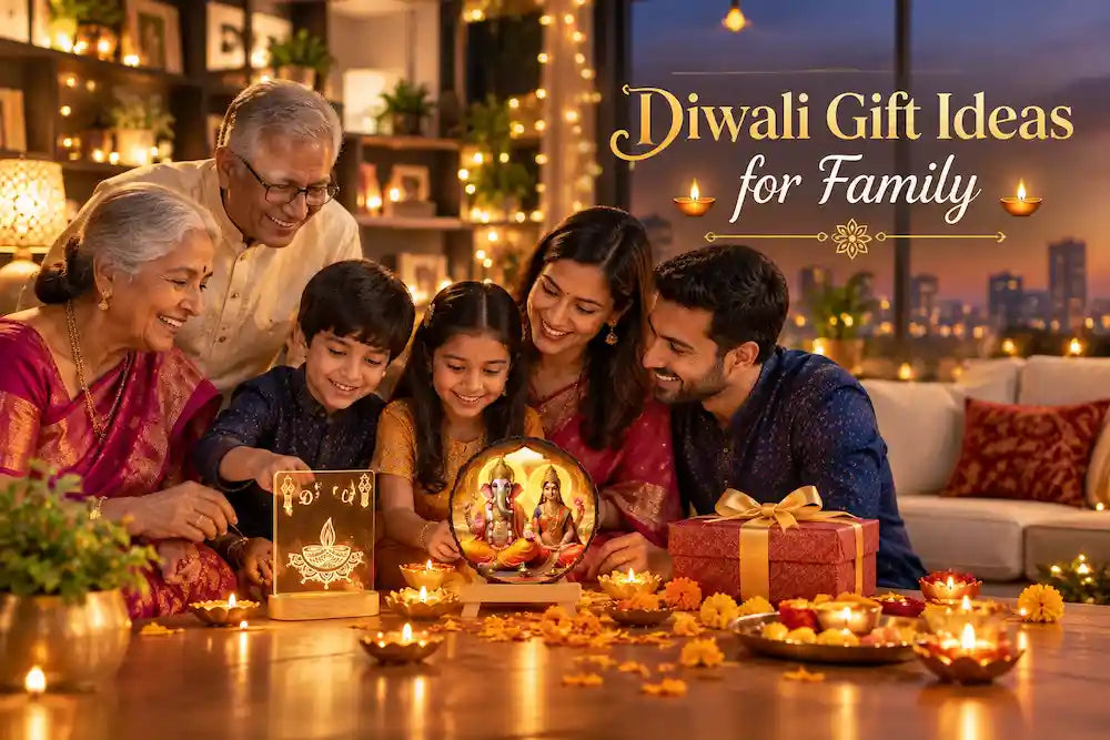 Indian family lighting personalised LED diya and Lakshmi Ganesh lamps together during Diwali celebration at home