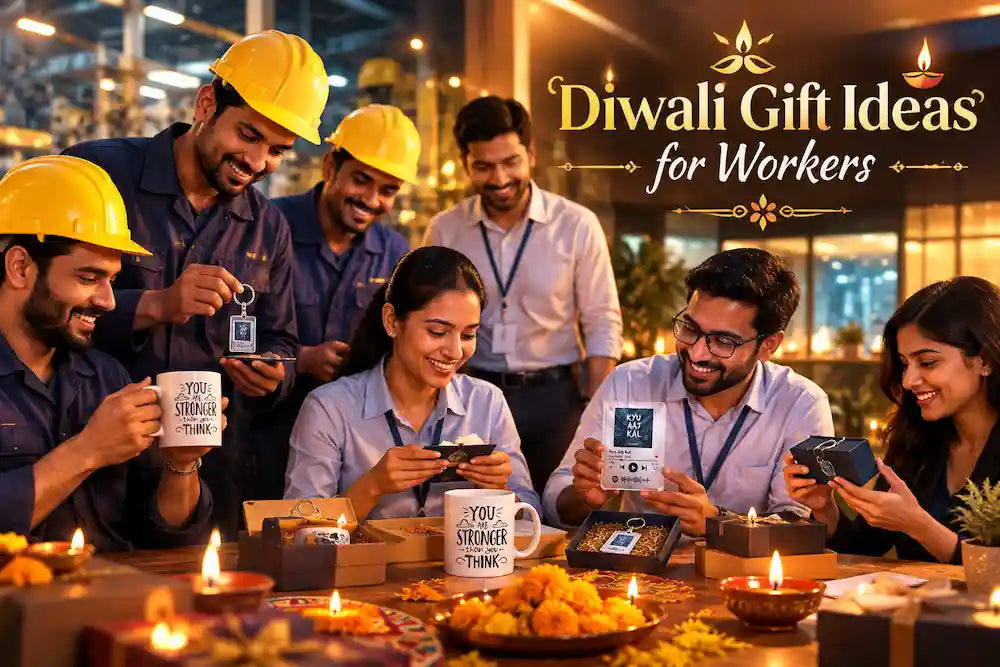 Factory floor and office workers receiving personalised Diwali gifts — engraved mug, keychain, and diary and pen set — at a workplace gifting counter with diyas