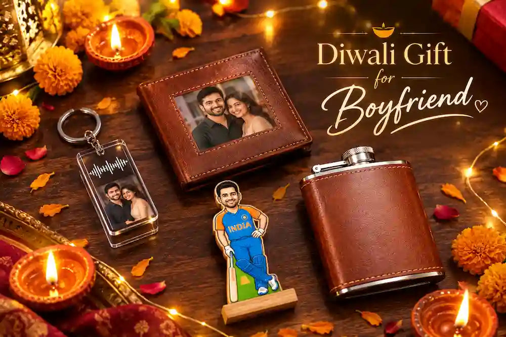 Personalised diwali gift for boyfriend: Spotify-style keychain, photo wallet and caricature standee beside lit diyas