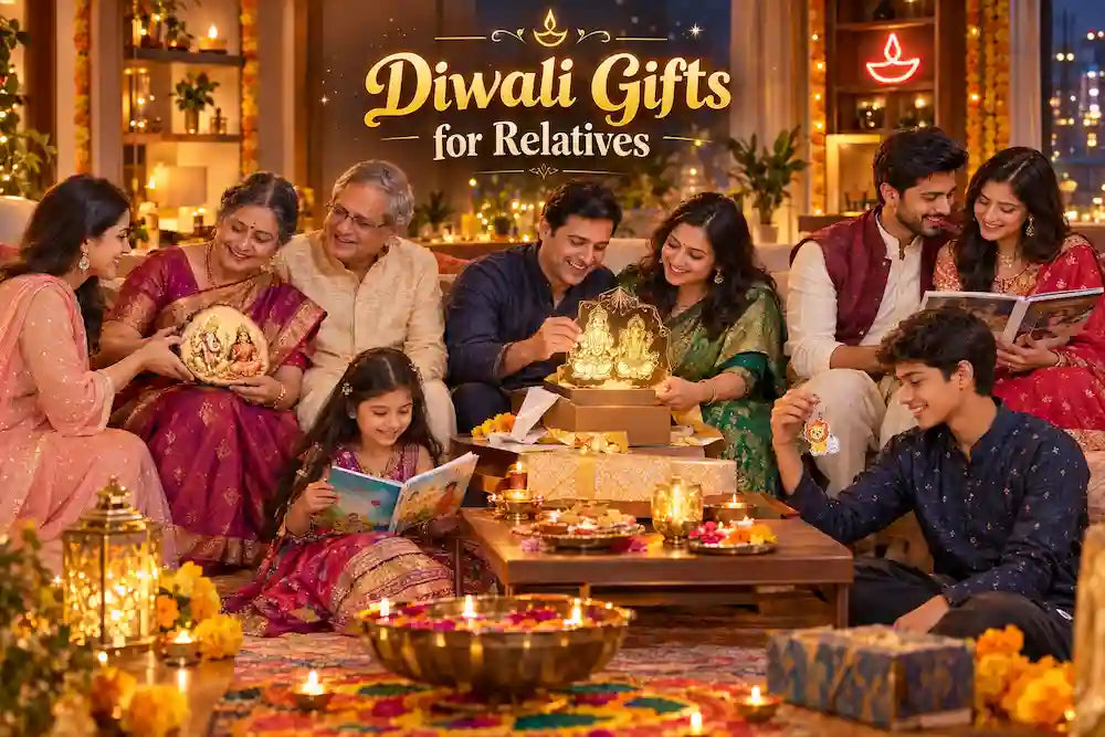 Indian family of three generations exchanging Diwali gifts around a Lakshmi Ganesh LED lamp and diyas, showing diwali gifts for relatives