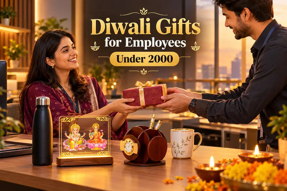HR executive handing a wrapped Diwali gift to a colleague beside a steel water bottle, Lakshmi Ganesh LED lamp and desk organizer, showing diwali gifts for employees under 2000