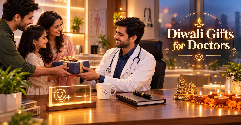 Indian family handing personalised diwali gifts for doctors, an LED name plate and a custom doctor mug, to a doctor beside lit diyas