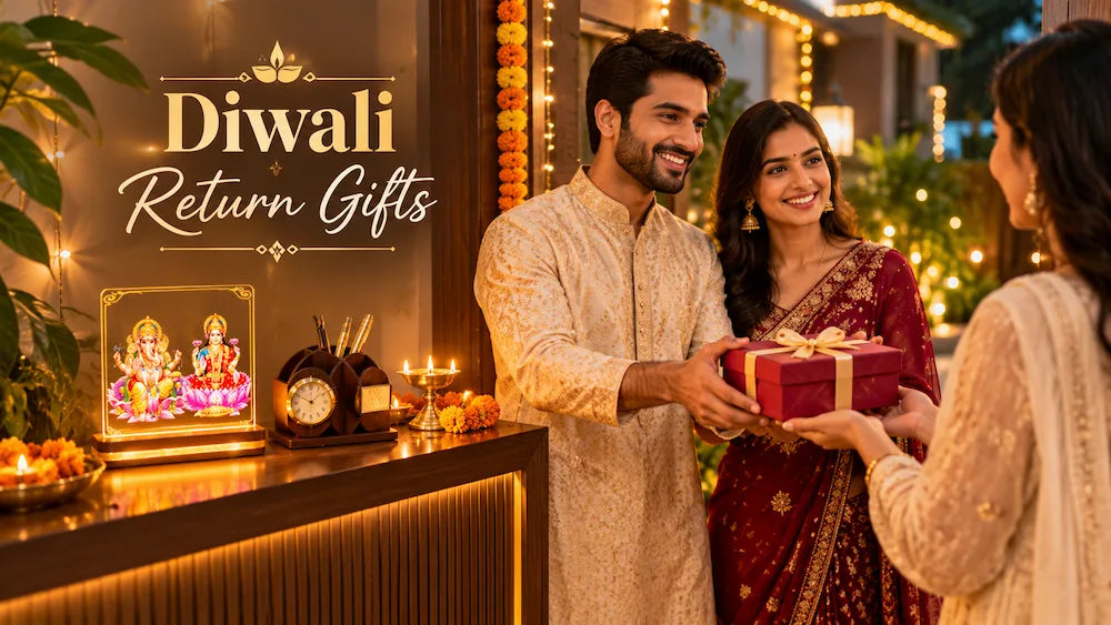 Indian host handing a wrapped personalised Diwali return gift to a guest at the doorway beside lit diyas and marigolds
