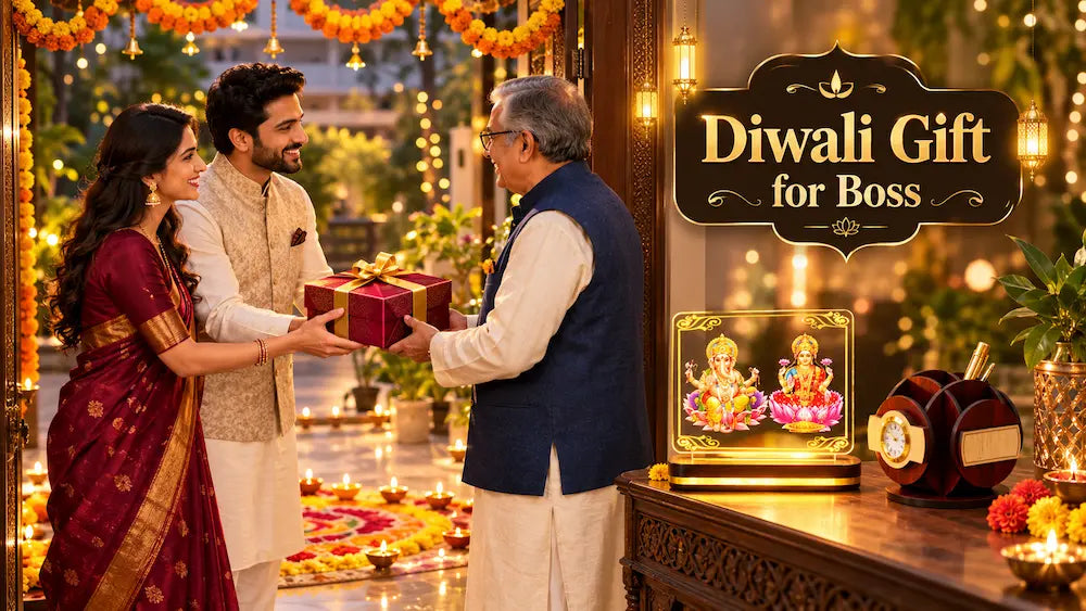 Indian couple in festive wear handing a wrapped Diwali return gift to a smiling guest at their rangoli-decorated doorway with lit diyas