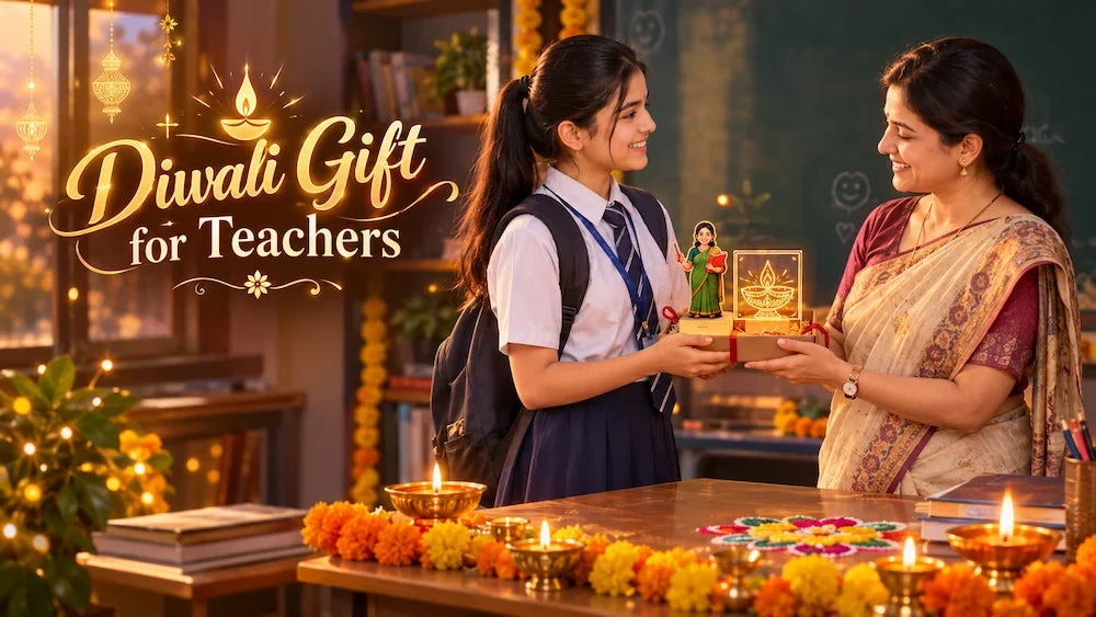Indian student handing a personalised diwali gift for teachers, a wooden caricature standee and LED diya lamp, to a smiling teacher beside lit diyas and marigolds