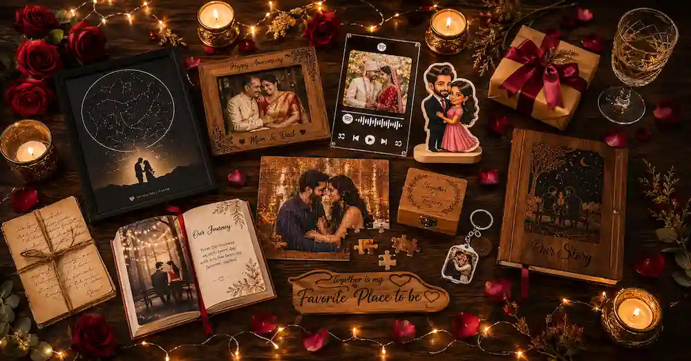 Anniversary gifts India 2026 — personalized constellation star-map frame and custom caricature for husband, wife, parents and couples — ZingyGifts