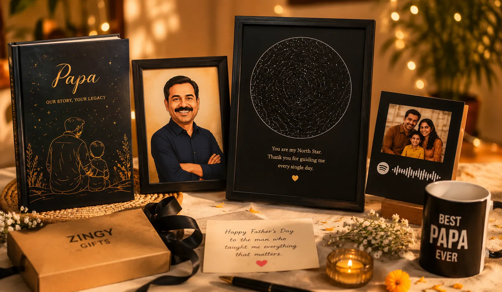 Personalised Father's Day gifts for dad India 2026 — custom story book, star map frame, caricature and Spotify photo frame flat lay ZingyGifts