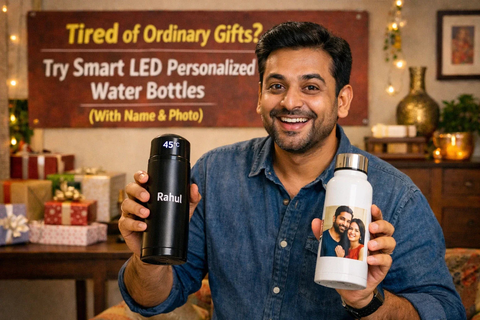 Indian gifting expert explaining smart LED personalized water bottles with custom name and photo print options in a festive Indian home setting.