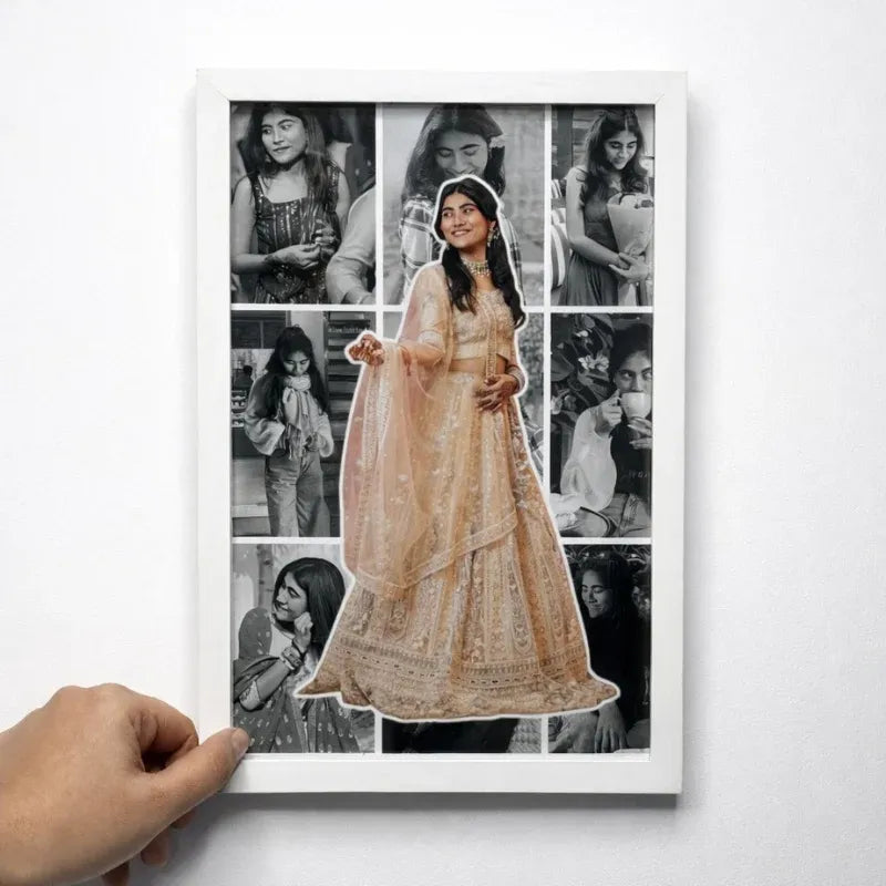 Collage of a woman in a traditional outfit with a hand holding a framed picture on a white background
