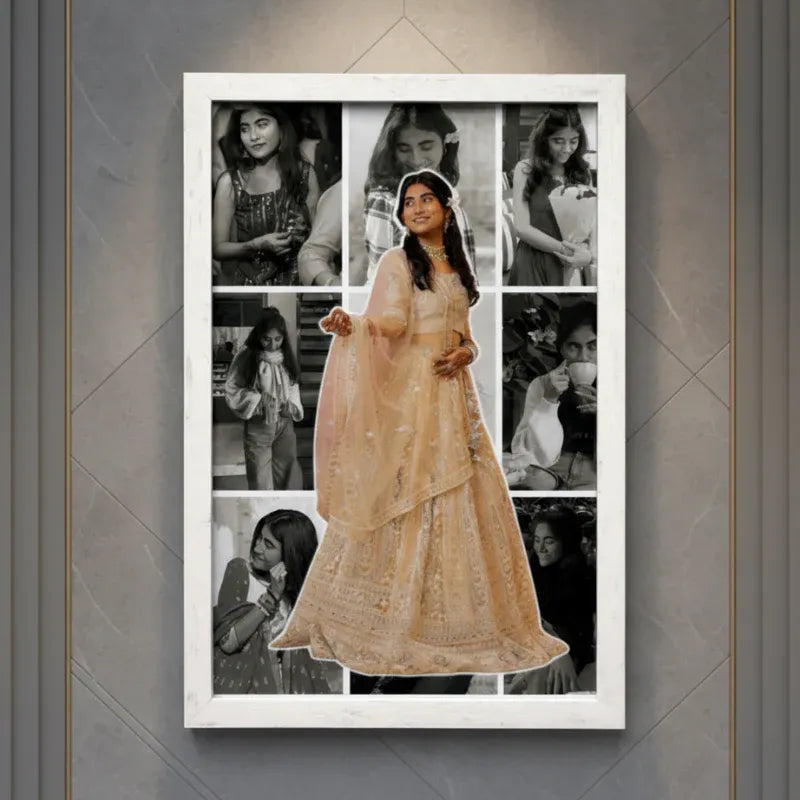 Framed collage of a woman in traditional attire with black and white photos around her.