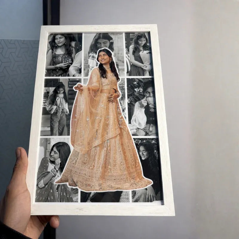 Collage of a woman in a traditional outfit held by a hand against a plain background