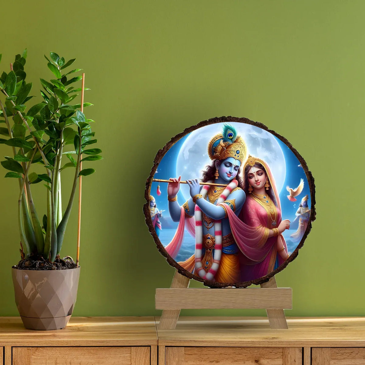 Radha Krishna On Natural Wood Slice