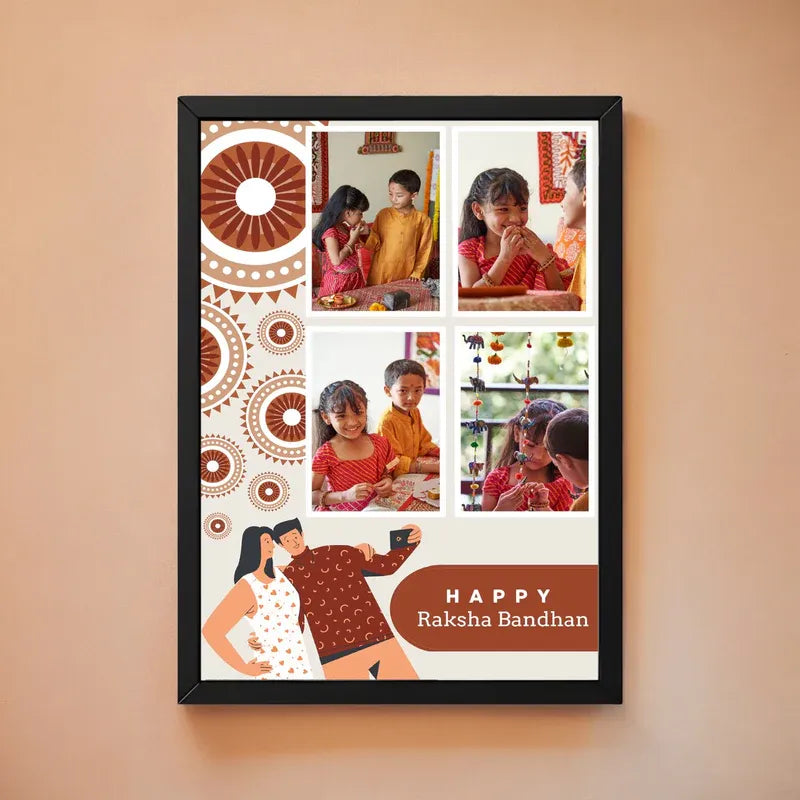 A framed custom photo collage print on a warm beige wall. The black-framed print features a collage of family photos, decorative brown and beige circular patterns, and an illustration of a couple with the text 'HAPPY Raksha Bandhan' in a brown banner at the bottom.