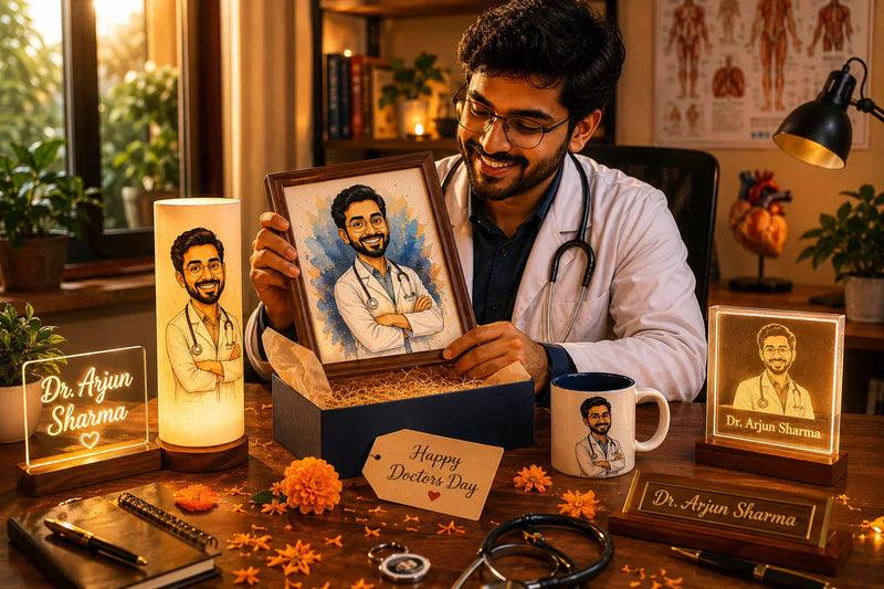 Personalised doctors day gifts displayed on a wooden desk with a smiling Indian doctor in a white coat, stethoscope, and marigold petals