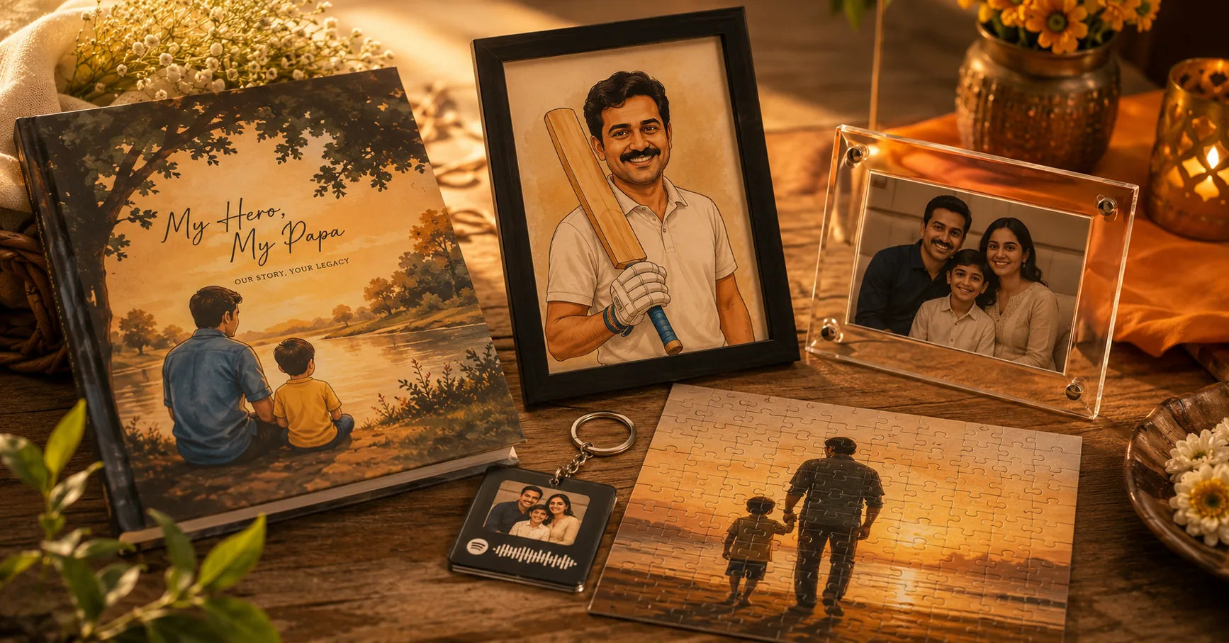 Personalised Father's Day gifts India 2026 — custom story book caricature photo frame Spotify keychain for dad — ZingyGifts