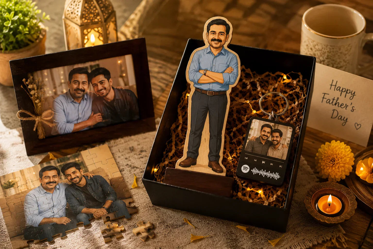 last minute Father's Day gifts India 2026 — personalised caricature wooden standee and photo frame gifts for dad on a warm family background