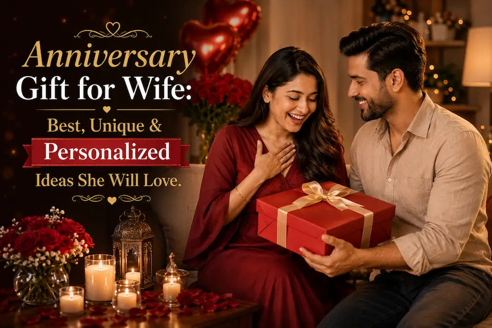 A couple exchanging a personalized anniversary gift for wife, smiling warmly in a softly lit home setting