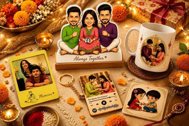 Personalized raksha bandhan gifts for sister arranged by personality type — custom story book, caricature, star map frame, and photo mug displayed together