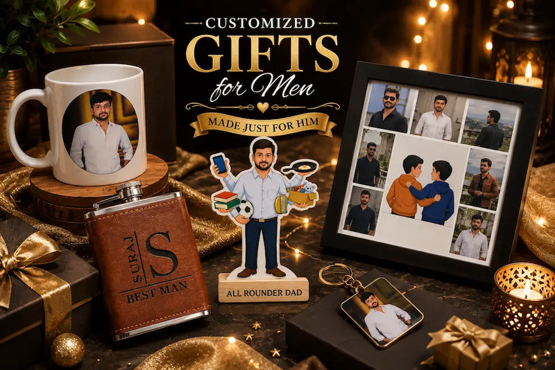 A collection of customized gifts for men including a ceramic mug with a photo print, a caricature, a Brother Photo Frame, and a metal hip flask displayed on a wooden surface