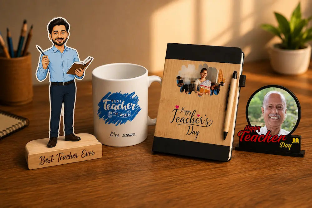 Personalised Teachers Day Gift flatlay — teacher caricature standee, engraved ceramic mug and personalised photo frame arranged on a wooden desk