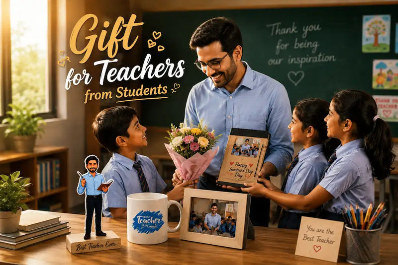Students presenting a personalised gift for teachers from students — engraved ceramic mug, caricature standee and photo frame on a classroom desk
