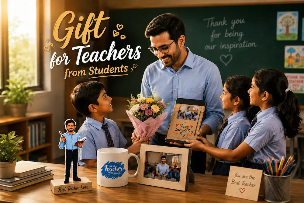 Students presenting a personalised gift for teachers from students — engraved ceramic mug, caricature standee and photo frame on a classroom desk