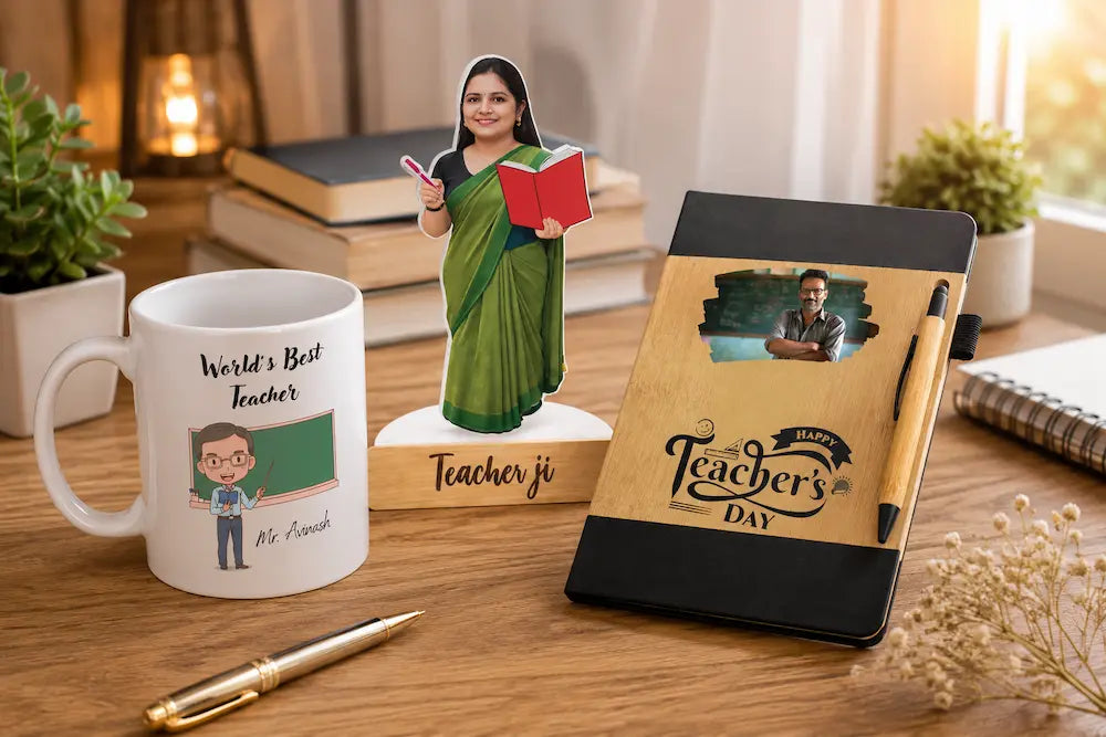 Custom gifts for teachers flatlay — personalised ceramic mug with custom message, teacher caricature standee and personalised diary on a wooden desk