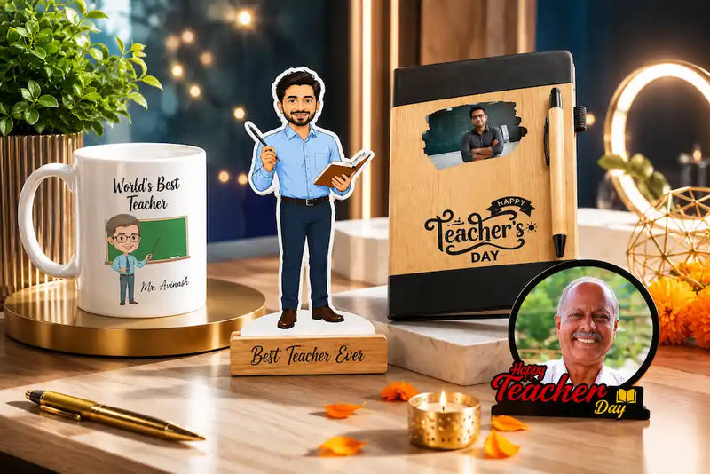 Curated set of teachers day gift ideas — personalised ceramic mug, teacher caricature standee, wooden diary and pen laid out on a desk