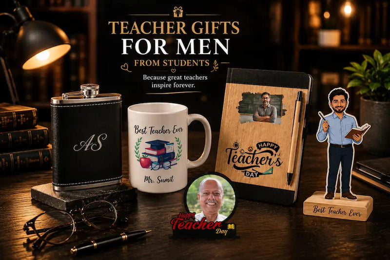 Teacher gifts for men flatlay — personalised leather hip flask, engraved ceramic mug and wooden diary and pen on a wooden desk