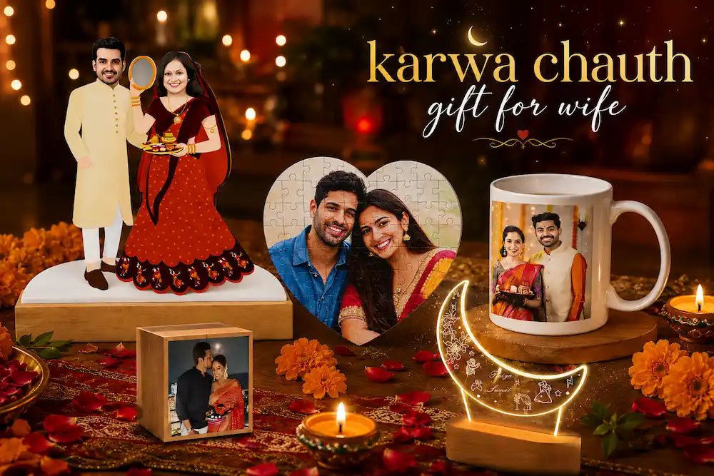 Karwa Chauth gift for wife flatlay — personalised couple caricature standee, heart-shaped photo puzzle and glowing name lamp on a decorated table