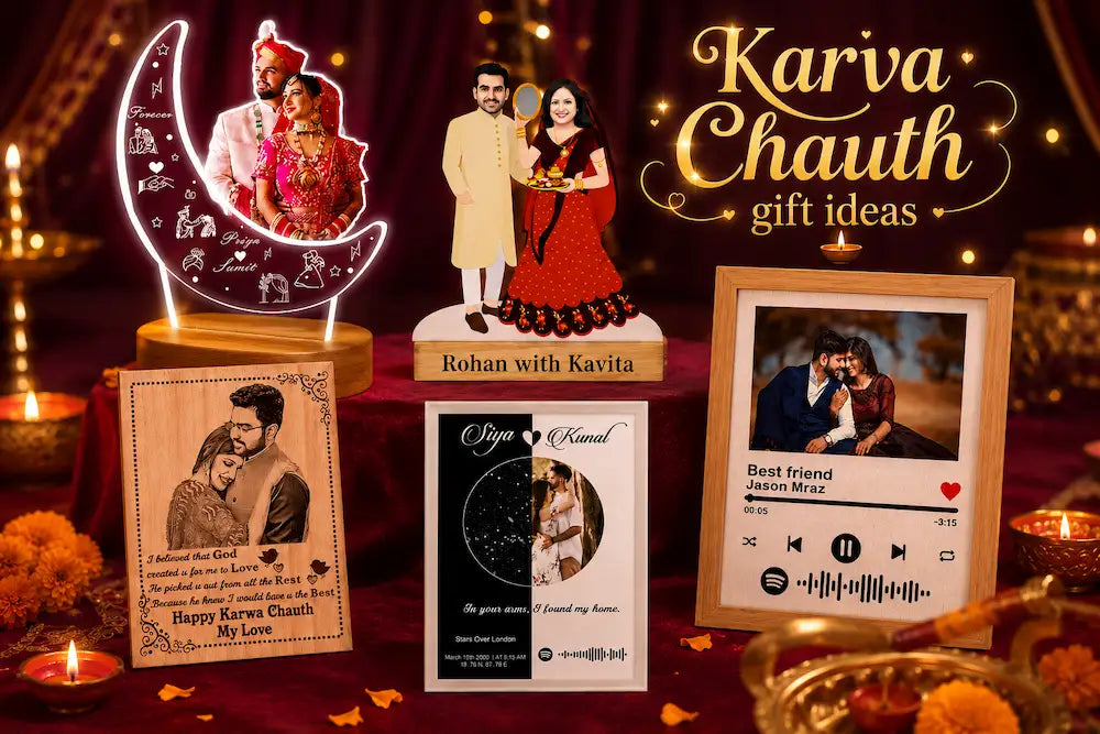 Personalised Karwa Chauth couple gifts 2026 flat-lay — glowing moon LED lamp, hand-illustrated couple caricature standee, engraved wooden photo frame and star map displayed together for karva chauth gifts ideas