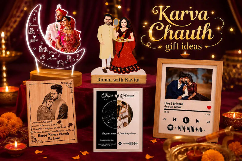 Personalised Karwa Chauth couple gifts 2026 flat-lay — glowing moon LED lamp, hand-illustrated couple caricature standee, engraved wooden photo frame and star map displayed together for karva chauth gifts ideas