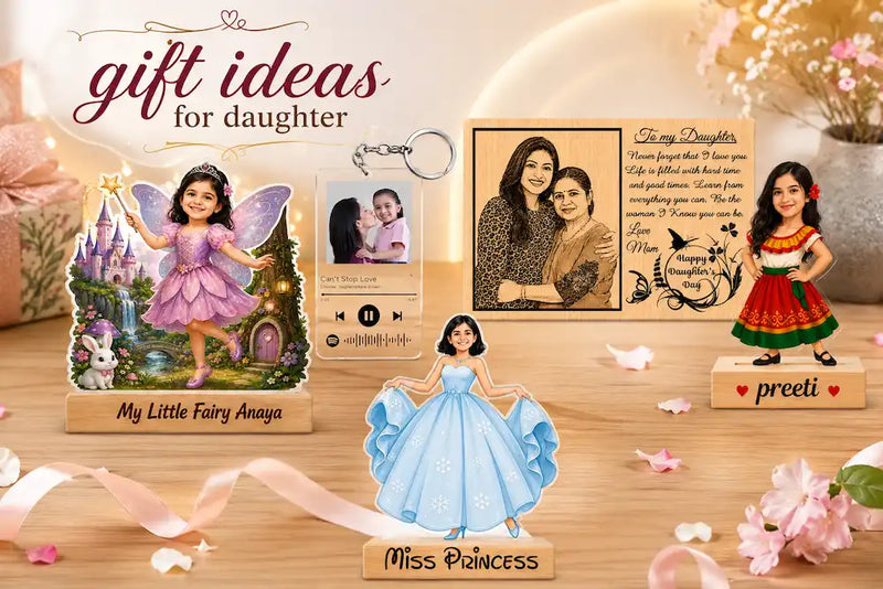 Gift ideas for daughter flatlay — personalised fairy caricature, Spotify photo keychain and father-daughter photo frame arranged on a table