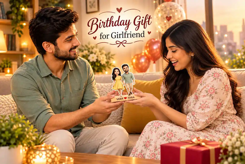 A young man handing his girlfriend a personalised couple caricature standee as a birthday gift, both smiling, festive setting