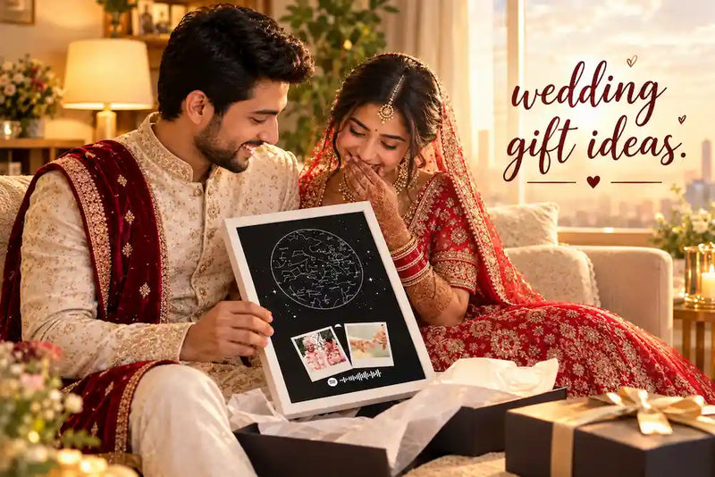 Newly married Indian couple unwrapping a personalised star map photo frame wedding gift at home