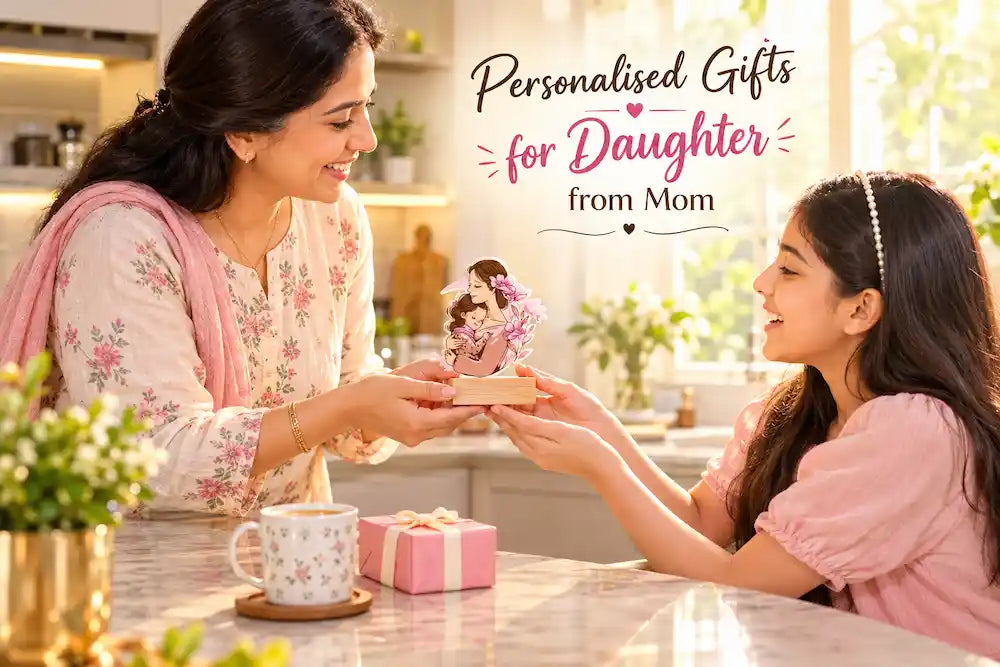 A mother handing her daughter a personalised illustrated caricature standee as a gift, both smiling warmly in a sunlit kitchen