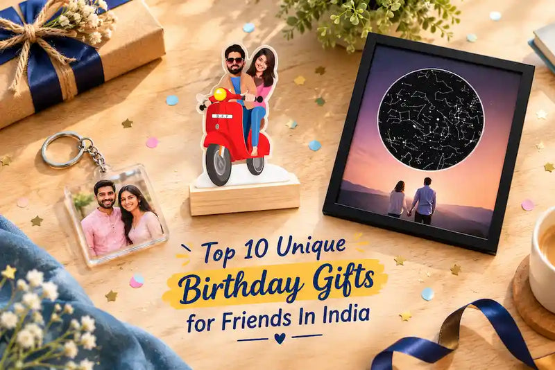 A flatlay of unique birthday gifts for friends — Spotify photo keychain, illustrated caricature standee, and star map photo frame