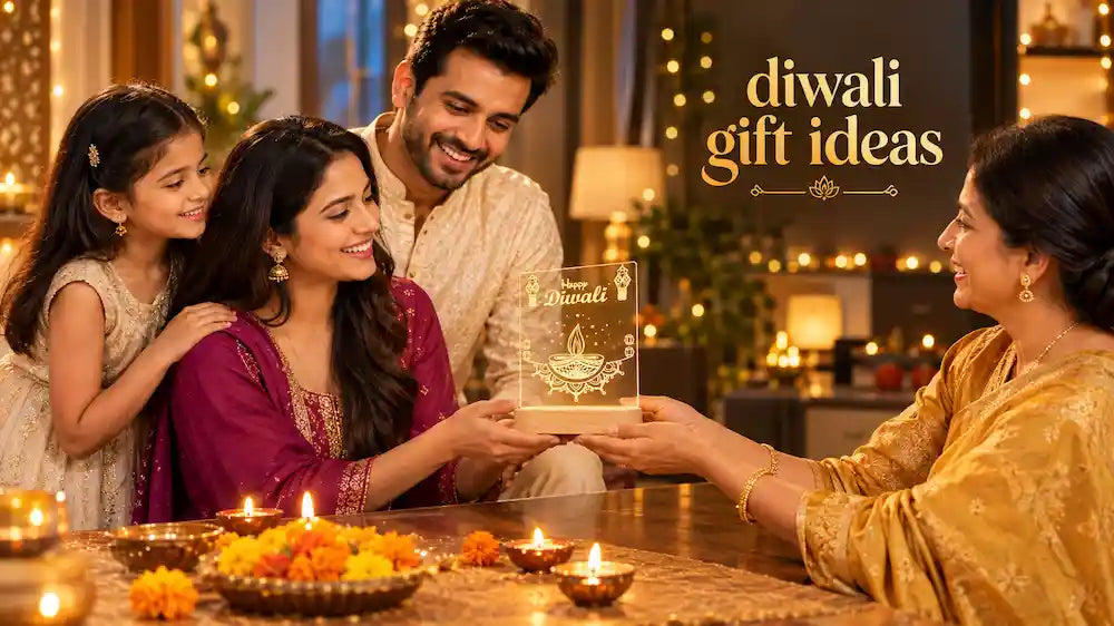 A family exchanging personalised Diwali gifts, an illustrated caricature standee and a photo keychain, around lit diyas on a festive table