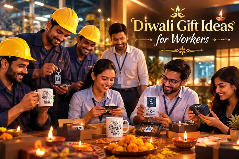 Factory floor and office workers receiving personalised Diwali gifts — engraved mug, keychain, and diary and pen set — at a workplace gifting counter with diyas
