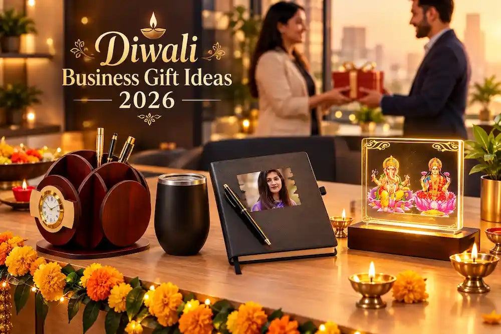 Wooden desk organizer with clock, personalised mug, photo diary and Lakshmi Ganesh LED lamp arranged with diyas as diwali business gift ideas for employees and clients