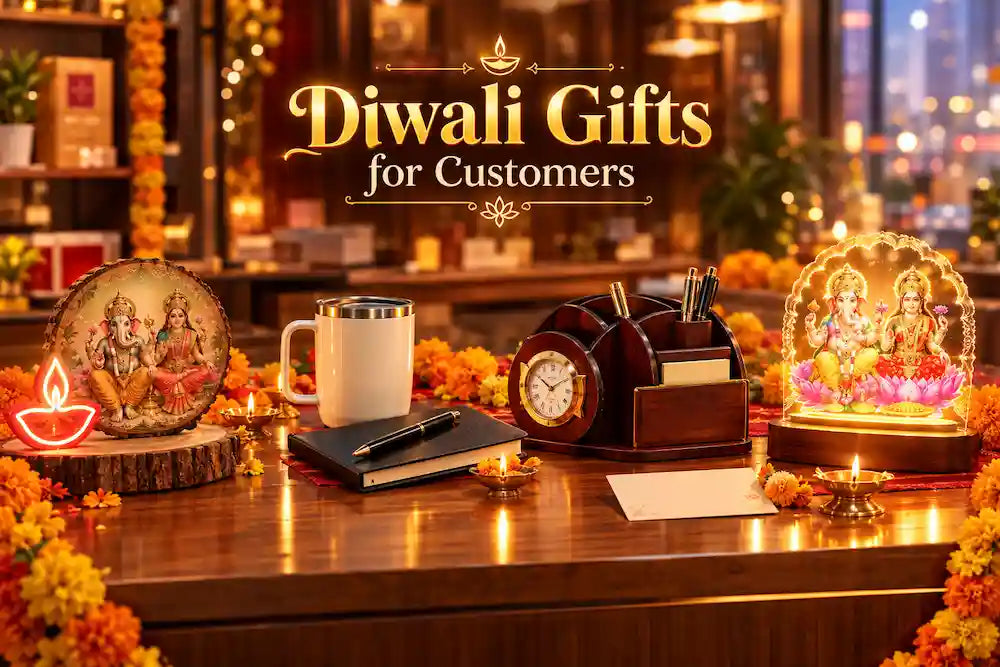Wooden desk organizer with clock, name mug, Ganesh Laxmi wood slice and Diwali neon light with diyas as diwali gifts for customers