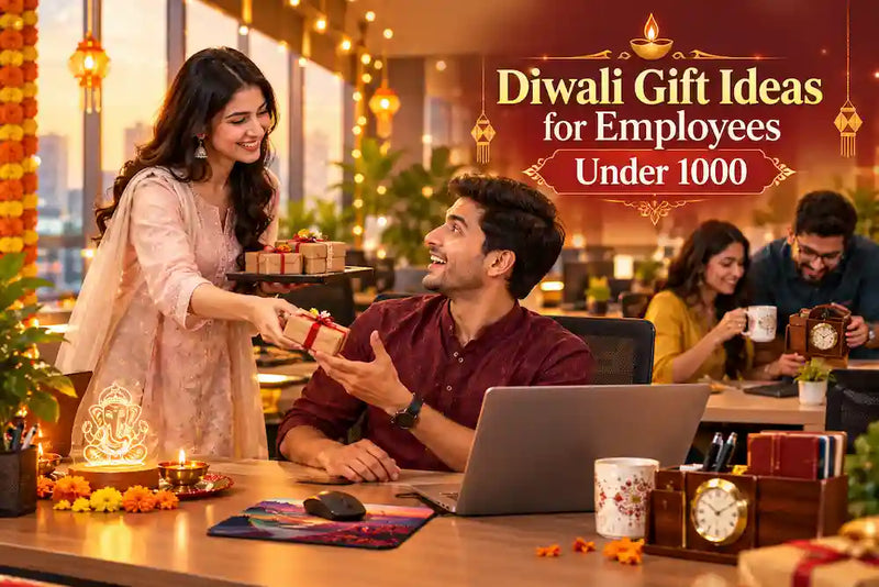 HR executive handing a wrapped Diwali gift to a smiling colleague at an office desk with a wooden desk organizer, mug and Ganesh LED lamp