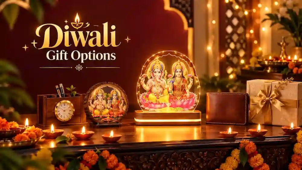Flat lay of diwali gift options including a Lakshmi Ganesh LED lamp, Ganesh Laxmi wooden art, a wooden desk organizer with clock and a leather wallet beside lit diyas 