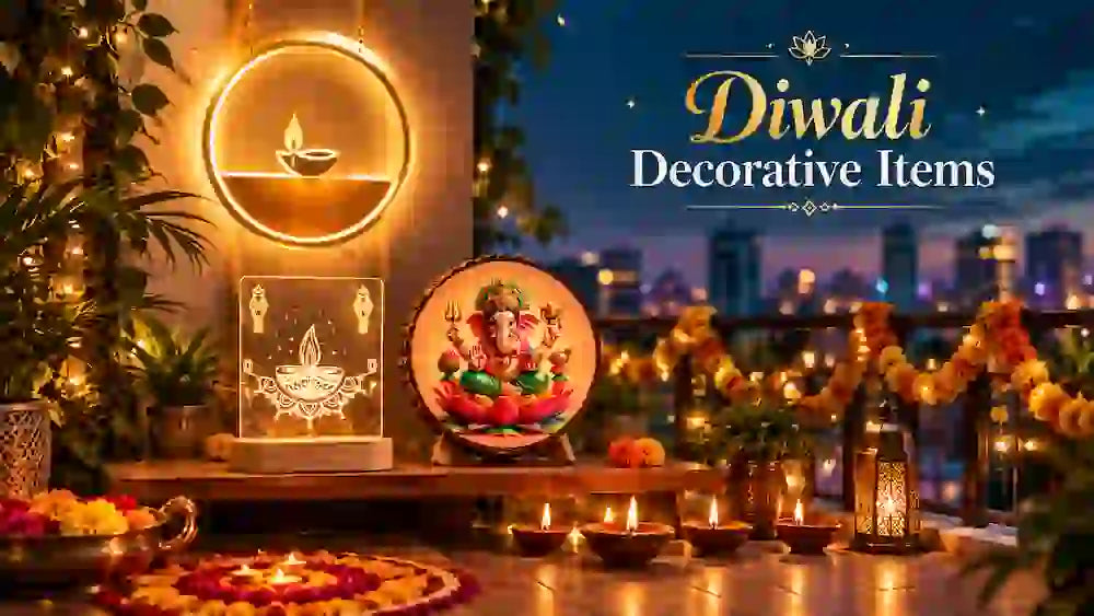 Diwali decorative items on a balcony at dusk: golden neon ring light, diya LED lamp, wood slice Ganesh art and lit diyas